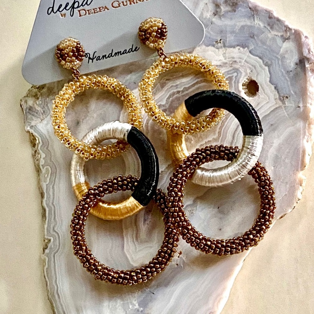 NWT Deepa Gurnani Triple Hoop Beaded Chandeliers - Picture 2 of 11